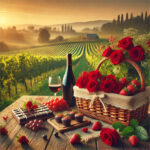 Una mesa con vino, chocolates y flores recién cortadas en un paisaje bucólico.