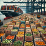 imagen de un puerto con numerosas cajas de frutas y hortalizas