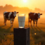 un vaso de leche en mitad del campo rodeada de vacas